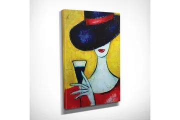Lite lerretsbilde 30x40 cm - Elegant kvinne med stor hatt og glass i hånden - Mørk blå / Rød / Gul - Interiør - Maleri & posters - Lerretsbilder