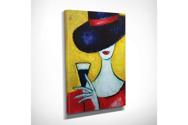 Lite lerretsbilde 30x40 cm - Elegant kvinne med stor hatt og glass i hånden - Mørk blå / Rød / Gul - Interiør - Maleri & posters - Lerretsbilder