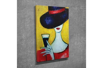 Lite lerretsbilde 30x40 cm - Elegant kvinne med stor hatt og glass i hånden - Mørk blå / Rød / Gul - Interiør - Maleri & posters - Lerretsbilder