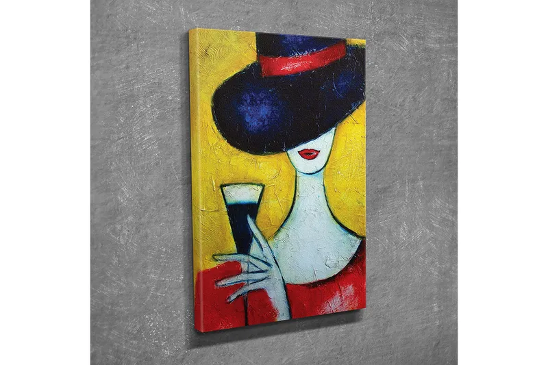 Lite lerretsbilde 30x40 cm - Elegant kvinne med stor hatt og glass i hånden - Mørk blå / Rød / Gul - Interiør - Maleri & posters - Lerretsbilder