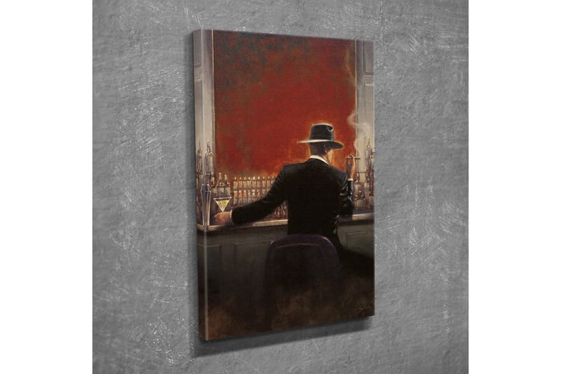 Lite lerretsbilde 30x40 cm - Elegant mann i svart dress som sitter i en bar med en cocktail i hånden - Rød / Svart / Beige - Interiør - Maleri & posters - Lerretsbilder