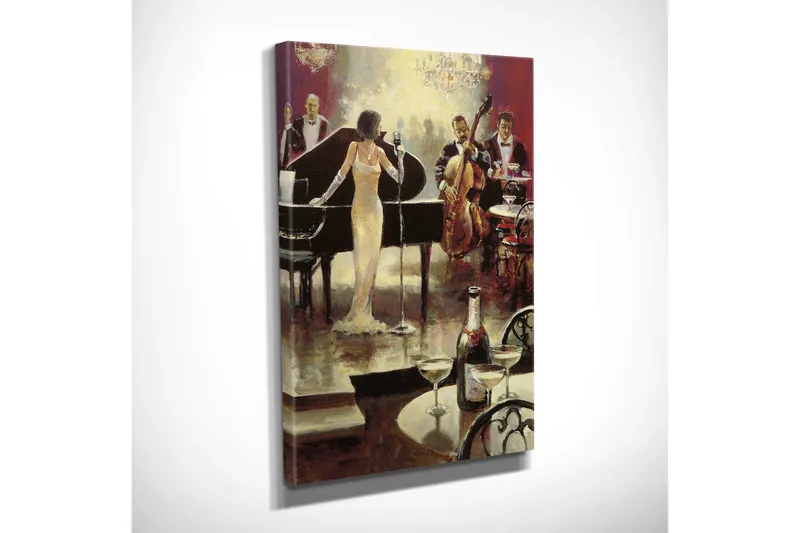 Lite lerretsbilde 30x40 cm - Elegante musikere opptrer i luksuriøse omgivelser - Gull / Svart / Rød - Interiør - Maleri & posters - Lerretsbilder