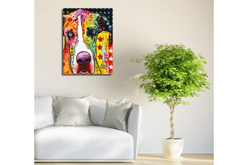 Lite lerretsbilde 30x40 cm - Fargerik hund med lekne mønstre - Grønn / Oransje / Rosa - Interiør - Maleri & posters - Lerretsbilder