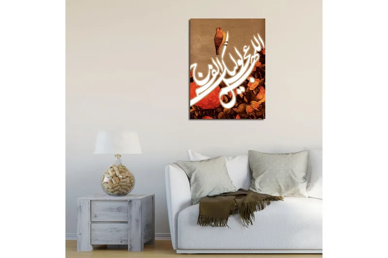 Lite lerretsbilde 30x40 cm - Fargerik komposisjon med fugl og blomster - Rød / Brun / Hvit - Interiør - Maleri & posters - Lerretsbilder