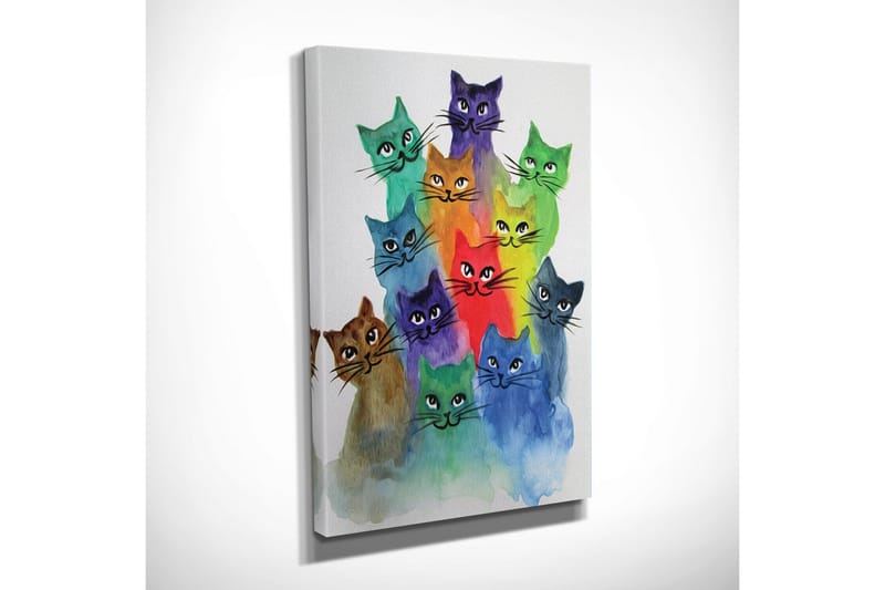 Lite lerretsbilde 30x40 cm - Fargerik samling av katter i forskjellige nyanser - Grønn / Blå / Lilla - Interiør - Maleri & posters - Lerretsbilder