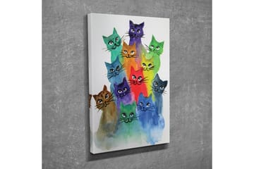 Lite lerretsbilde 30x40 cm - Fargerik samling av katter i forskjellige nyanser - Grønn / Blå / Lilla - Interiør - Maleri & posters - Lerretsbilder