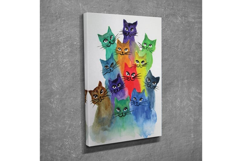 Lite lerretsbilde 30x40 cm - Fargerik samling av katter i forskjellige nyanser - Grønn / Blå / Lilla - Interiør - Maleri & posters - Lerretsbilder