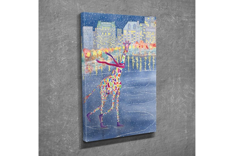 Lite lerretsbilde 30x40 cm - Fargerik sjiraff som skøyter på en frossen innsjø i et vinterlandskap - Blå / Rød / Gul - Interiør - Maleri & posters - Lerretsbilder