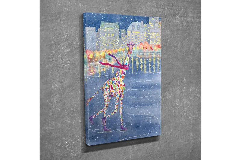 Lite lerretsbilde 30x40 cm - Fargerik sjiraff som skøyter på en frossen innsjø i et vinterlandskap - Blå / Rød / Gul - Interiør - Maleri & posters - Lerretsbilder