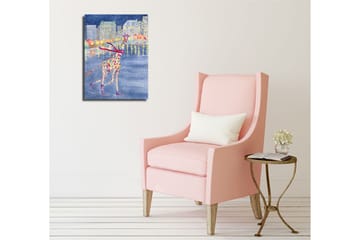 Lite lerretsbilde 30x40 cm - Fargerik sjiraff som skøyter på en frossen innsjø i et vinterlandskap - Blå / Rød / Gul - Interiør - Maleri & posters - Lerretsbilder