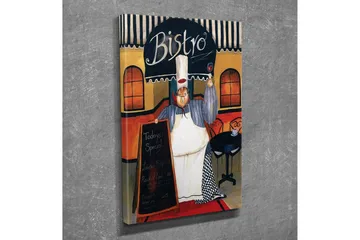 Lite lerretsbilde 30x40 cm - Glad kokk i bistro med en meny i hånden - Rød / Beige / Svart - Interiør - Maleri & posters - Lerretsbilder