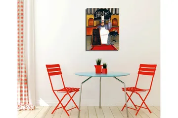 Lite lerretsbilde 30x40 cm - Glad kokk i bistro med en meny i hånden - Rød / Beige / Svart - Interiør - Maleri & posters - Lerretsbilder