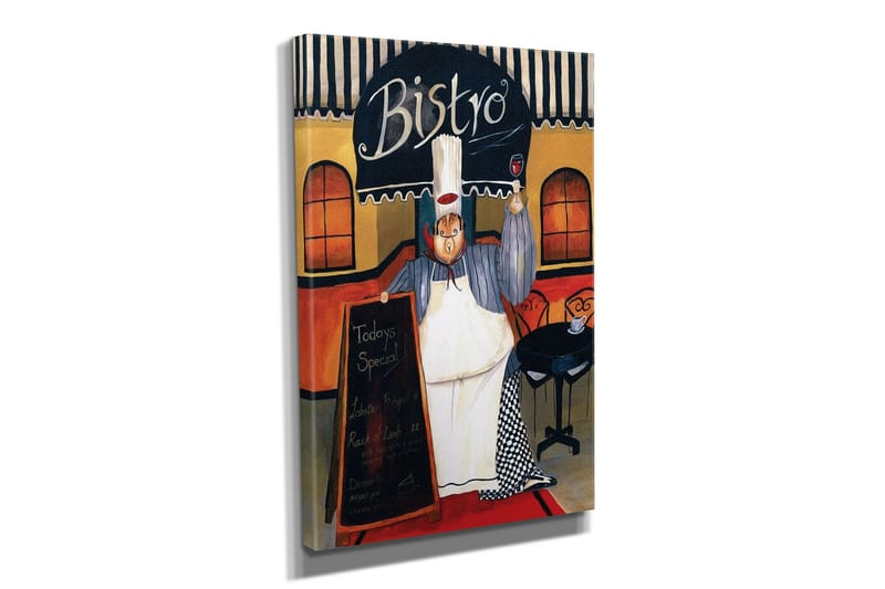 Lite lerretsbilde 30x40 cm - Glad kokk i bistro med en meny i hånden - Rød / Beige / Svart - Interiør - Maleri & posters - Lerretsbilder