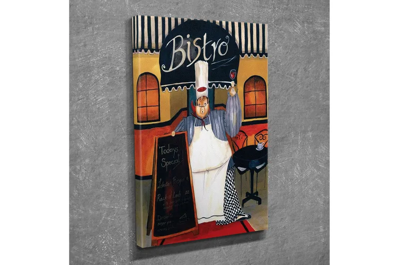 Lite lerretsbilde 30x40 cm - Glad kokk i bistro med en meny i hånden - Rød / Beige / Svart - Interiør - Maleri & posters - Lerretsbilder