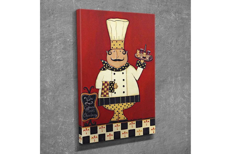 Lite lerretsbilde 30x40 cm - Glad kokk med et brett fylt med mat og drikke - Rød / Hvit / Svart - Interiør - Maleri & posters - Lerretsbilder