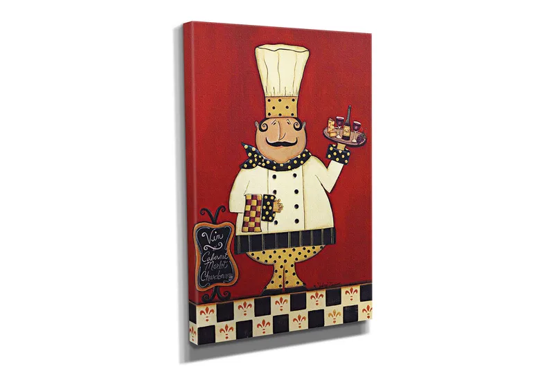 Lite lerretsbilde 30x40 cm - Glad kokk med et brett fylt med mat og drikke - Rød / Hvit / Svart - Interiør - Maleri & posters - Lerretsbilder