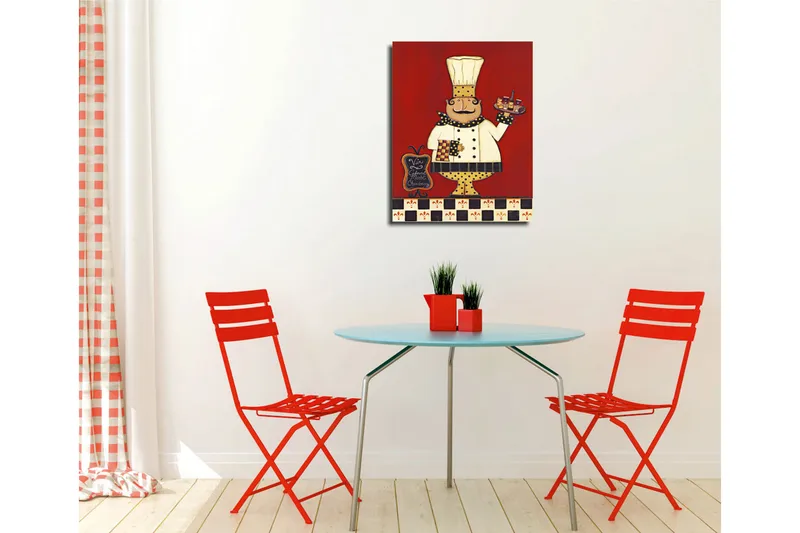 Lite lerretsbilde 30x40 cm - Glad kokk med et brett fylt med mat og drikke - Rød / Hvit / Svart - Interiør - Maleri & posters - Lerretsbilder