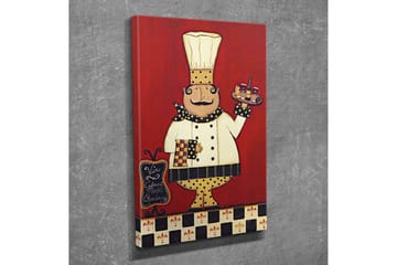 Lite lerretsbilde 30x40 cm - Glad kokk med et brett fylt med mat og drikke - Rød / Hvit / Svart - Interiør - Maleri & posters - Lerretsbilder