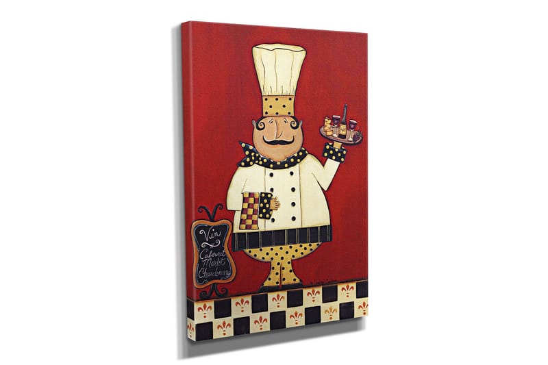 Lite lerretsbilde 30x40 cm - Glad kokk med et brett fylt med mat og drikke - Rød / Hvit / Svart - Interiør - Maleri & posters - Lerretsbilder