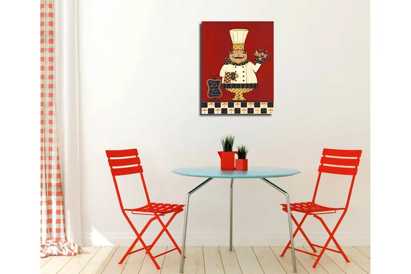 Lite lerretsbilde 30x40 cm - Glad kokk med et brett fylt med mat og drikke - Rød / Hvit / Svart - Interiør - Maleri & posters - Lerretsbilder