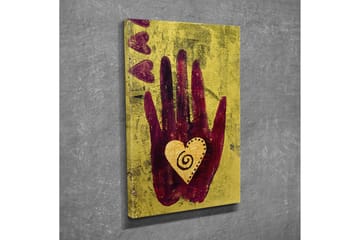 Lite lerretsbilde 30x40 cm - Hånd med et hjerte i midten - Mørk rød / Gul / Beige - Interiør - Maleri & posters - Lerretsbilder
