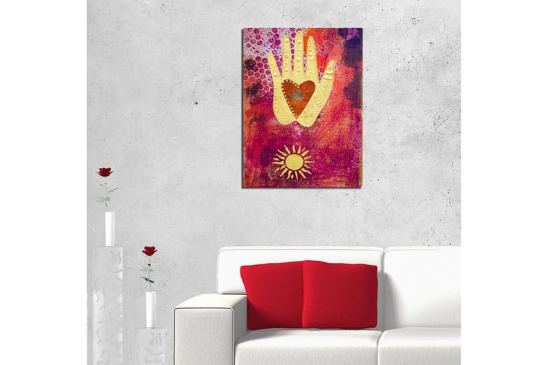 Lite lerretsbilde 30x40 cm - Hånd med hjerte i en fargerik komposisjon - Gull / Rød / Lilla - Interiør - Maleri & posters - Lerretsbilder
