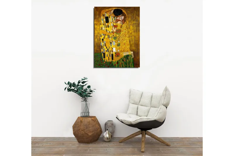 Lite lerretsbilde 30x40 cm - Intimt øyeblikk mellom to elskere i en gyllen omfavnelse - Gull / Grønn / Rød - Interiør - Maleri & posters - Lerretsbilder