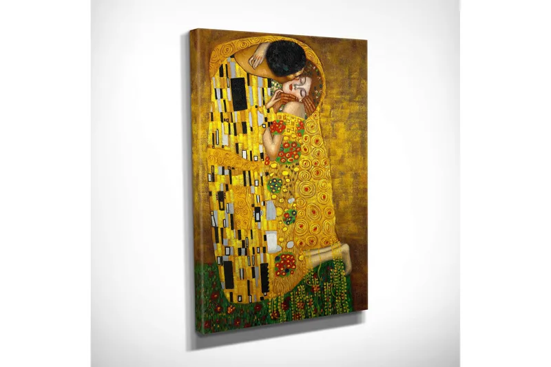 Lite lerretsbilde 30x40 cm - Intimt øyeblikk mellom to elskere i en gyllen omfavnelse - Gull / Grønn / Rød - Interiør - Maleri & posters - Lerretsbilder