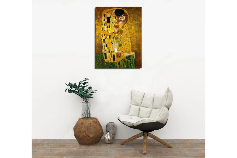 Lite lerretsbilde 30x40 cm - Intimt øyeblikk mellom to elskere i en gyllen omfavnelse - Gull / Grønn / Rød - Interiør - Maleri & posters - Lerretsbilder