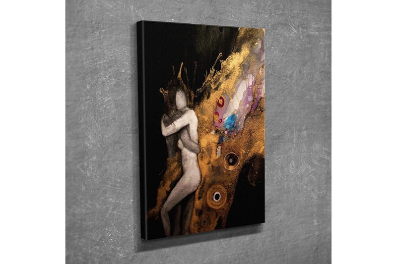 Lite lerretsbilde 30x40 cm - Intimt par i en omfavnende gest med abstrakte elementer - Gull / Svart / Beige - Interiør - Maleri & posters - Lerretsbilder