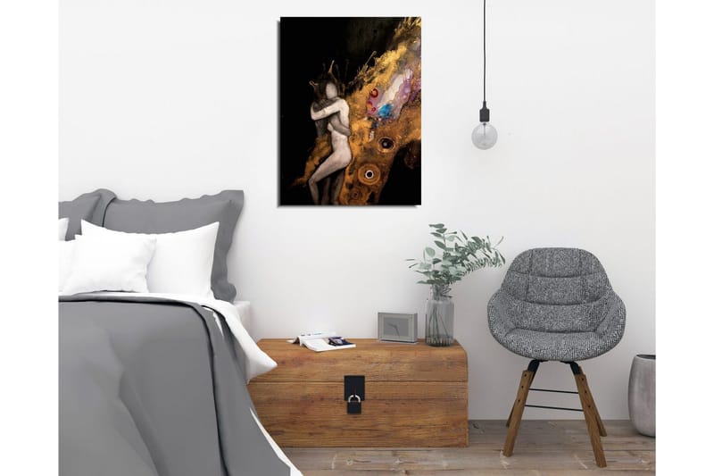 Lite lerretsbilde 30x40 cm - Intimt par i en omfavnende gest med abstrakte elementer - Gull / Svart / Beige - Interiør - Maleri & posters - Lerretsbilder