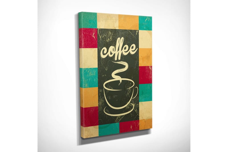 Lite lerretsbilde 30x40 cm - Kopp med rykende varm kaffe og teksten coffee - Mørkegrønn / Turkis / Rød - Interiør - Maleri & posters - Lerretsbilder