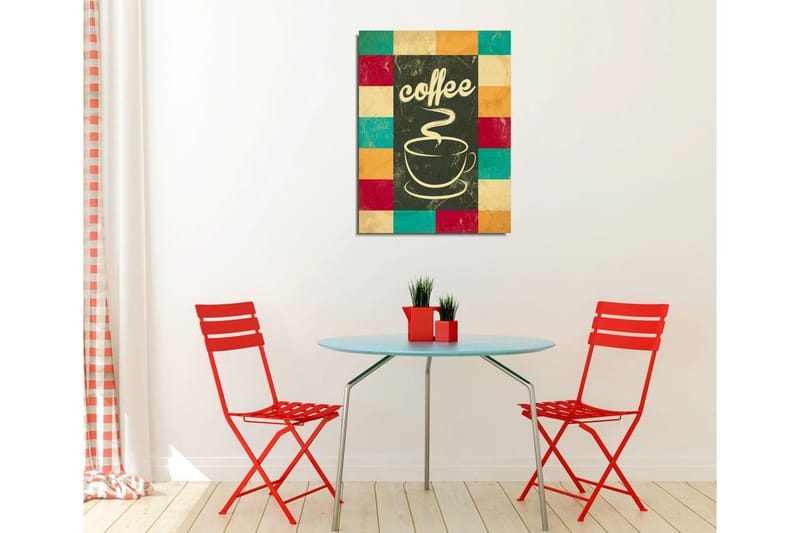 Lite lerretsbilde 30x40 cm - Kopp med rykende varm kaffe og teksten coffee - Mørkegrønn / Turkis / Rød - Interiør - Maleri & posters - Lerretsbilder