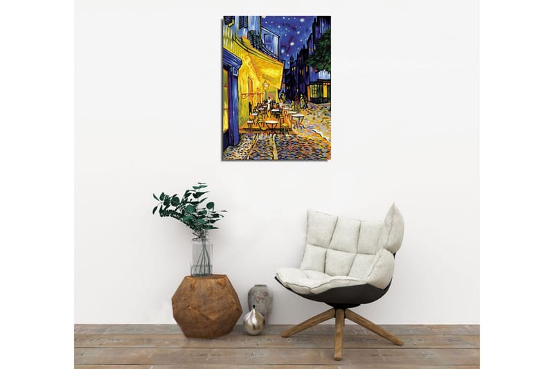 Lite lerretsbilde 30x40 cm - Livlig uteservering under stjerneklare netter - Gul / Blå / Mørkegrønn - Interiør - Maleri & posters - Lerretsbilder