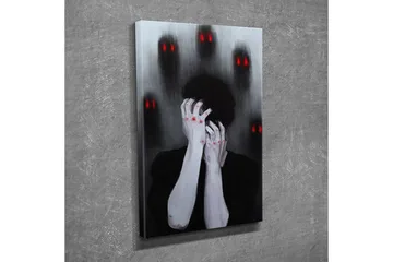 Lite lerretsbilde 30x40 cm - Mørk og følelsesladet skildring av en person som holder hodet i hendene, omgitt av skyggefulle figurer med røde øyne - Svart / Grå / Rød - Interiør - Maleri & posters - Lerretsbilder