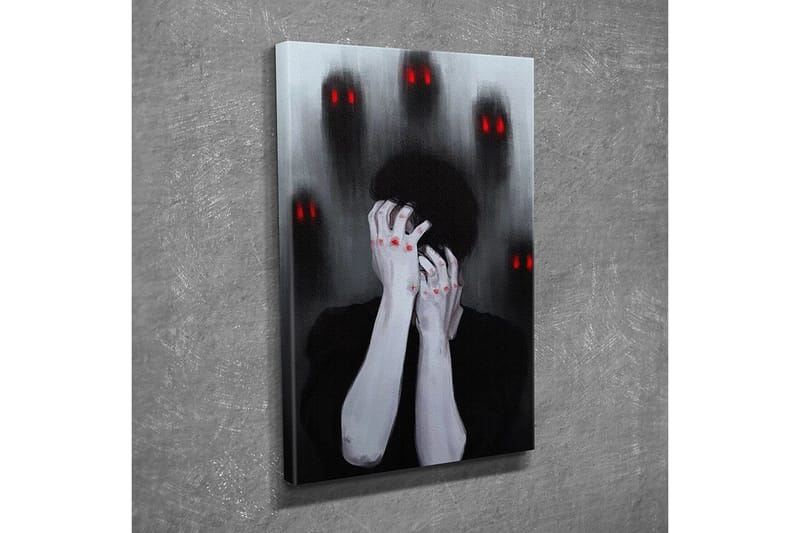 Lite lerretsbilde 30x40 cm - Mørk og følelsesladet skildring av en person som holder hodet i hendene, omgitt av skyggefulle figurer med røde øyne - Svart / Grå / Rød - Interiør - Maleri & posters - Lerretsbilder