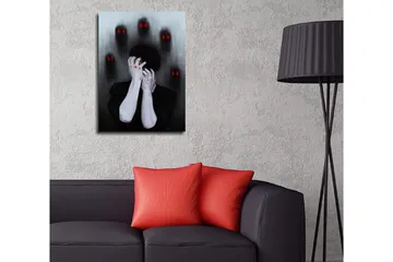 Lite lerretsbilde 30x40 cm - Mørk og følelsesladet skildring av en person som holder hodet i hendene, omgitt av skyggefulle figurer med røde øyne - Svart / Grå / Rød - Interiør - Maleri & posters - Lerretsbilder