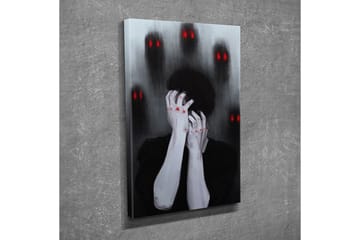 Lite lerretsbilde 30x40 cm - Mørk og følelsesladet skildring av en person som holder hodet i hendene, omgitt av skyggefulle figurer med røde øyne - Svart / Grå / Rød - Interiør - Maleri & posters - Lerretsbilder