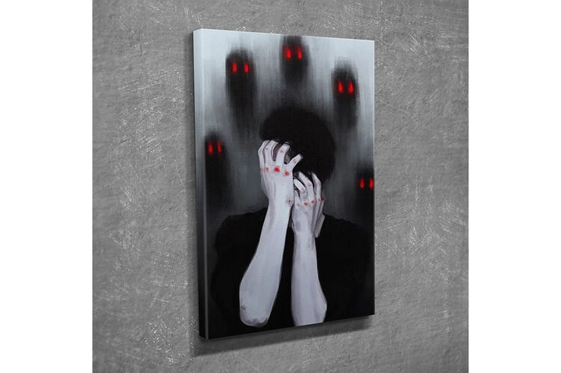 Lite lerretsbilde 30x40 cm - Mørk og følelsesladet skildring av en person som holder hodet i hendene, omgitt av skyggefulle figurer med røde øyne - Svart / Grå / Rød - Interiør - Maleri & posters - Lerretsbilder