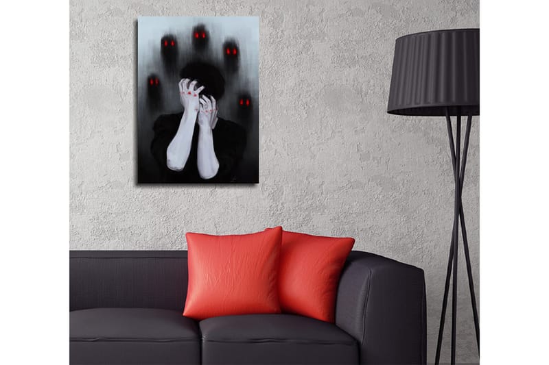 Lite lerretsbilde 30x40 cm - Mørk og følelsesladet skildring av en person som holder hodet i hendene, omgitt av skyggefulle figurer med røde øyne - Svart / Grå / Rød - Interiør - Maleri & posters - Lerretsbilder