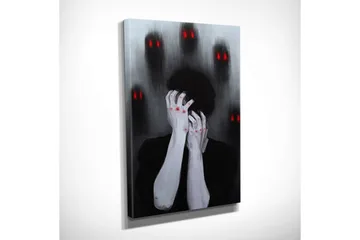 Lite lerretsbilde 30x40 cm - Mørk og følelsesladet skildring av en person som holder hodet i hendene, omgitt av skyggefulle figurer med røde øyne - Svart / Grå / Rød - Interiør - Maleri & posters - Lerretsbilder