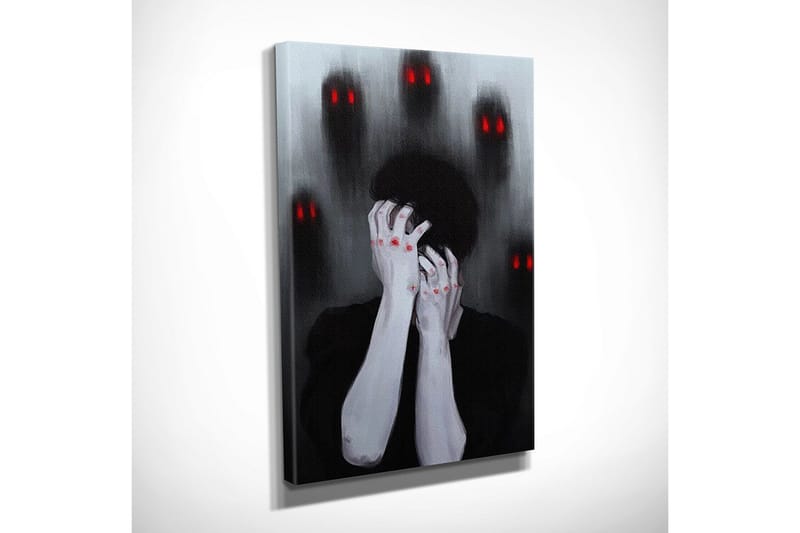 Lite lerretsbilde 30x40 cm - Mørk og følelsesladet skildring av en person som holder hodet i hendene, omgitt av skyggefulle figurer med røde øyne - Svart / Grå / Rød - Interiør - Maleri & posters - Lerretsbilder