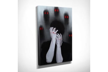 Lite lerretsbilde 30x40 cm - Mørk og følelsesladet skildring av en person som holder hodet i hendene, omgitt av skyggefulle figurer med røde øyne - Svart / Grå / Rød - Interiør - Maleri & posters - Lerretsbilder