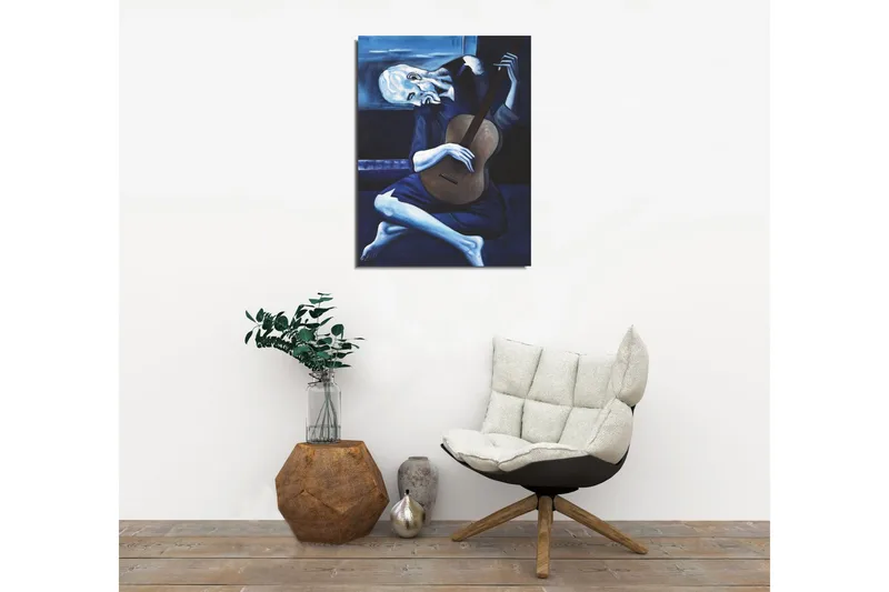 Lite lerretsbilde 30x40 cm - Melankolsk mann som spiller gitar - Mørk blå / Lys blå / Beige - Interiør - Maleri & posters - Lerretsbilder