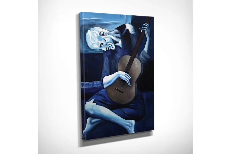 Lite lerretsbilde 30x40 cm - Melankolsk mann som spiller gitar - Mørk blå / Lys blå / Beige - Interiør - Maleri & posters - Lerretsbilder
