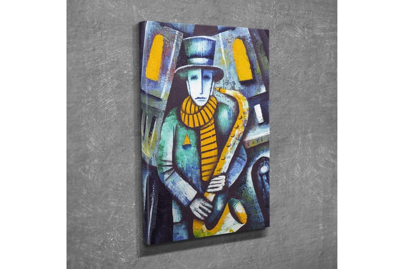 Lite lerretsbilde 30x40 cm - Musiker som spiller saksofon i et urbant miljø - Blå / Gul / Grønn - Interiør - Maleri & posters - Lerretsbilder