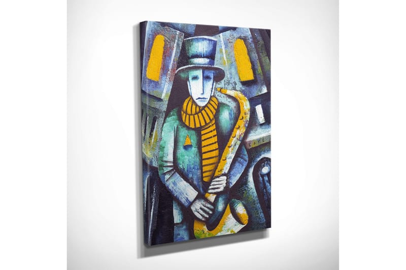 Lite lerretsbilde 30x40 cm - Musiker som spiller saksofon i et urbant miljø - Blå / Gul / Grønn - Interiør - Maleri & posters - Lerretsbilder