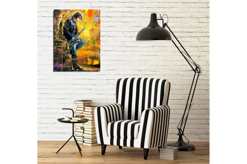 Lite lerretsbilde 30x40 cm - Musiker som spiller saksofon med en energisk og fargerik bakgrunn - Gul / Svart / Blå - Interiør - Maleri & posters - Lerretsbilder