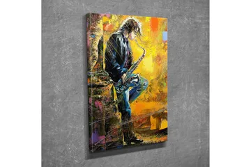 Lite lerretsbilde 30x40 cm - Musiker som spiller saksofon med en energisk og fargerik bakgrunn - Gul / Svart / Blå - Interiør - Maleri & posters - Lerretsbilder