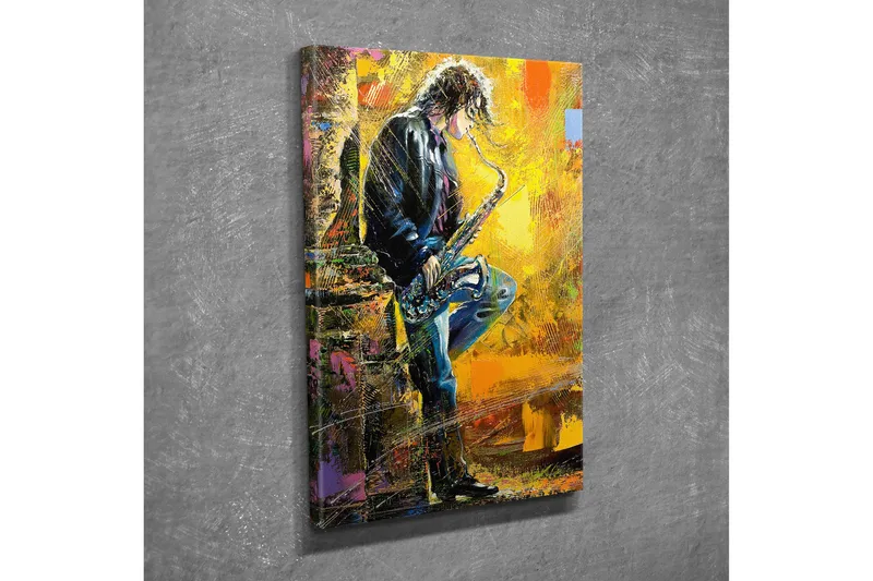 Lite lerretsbilde 30x40 cm - Musiker som spiller saksofon med en energisk og fargerik bakgrunn - Gul / Svart / Blå - Interiør - Maleri & posters - Lerretsbilder
